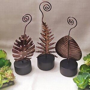 Set of 3 Decorative leaves bronze metal Photo or name card holder